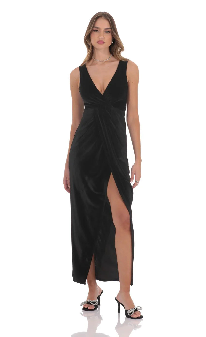 Velvet V-Neck Slit Maxi Dress in Black