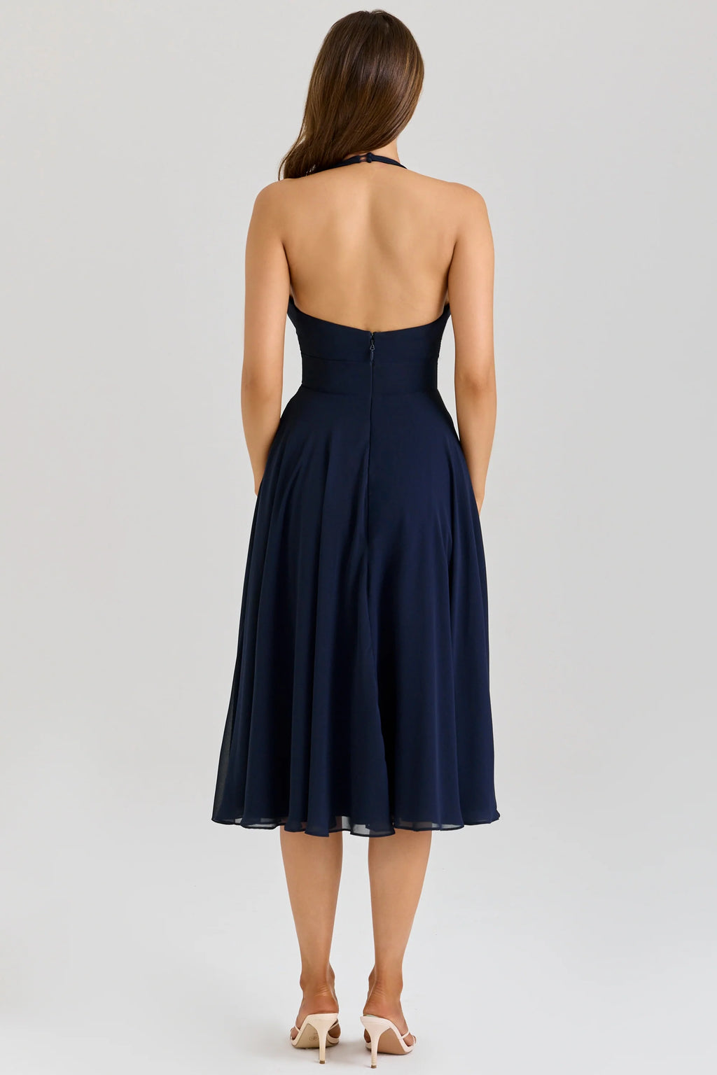 navy georgette halter midi dress