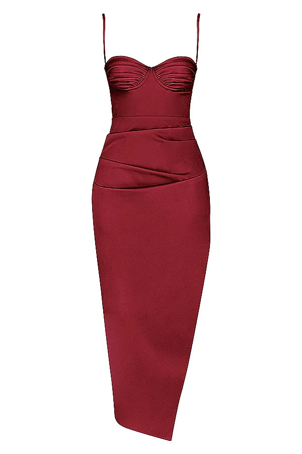 wine satin pleated corset midi dress