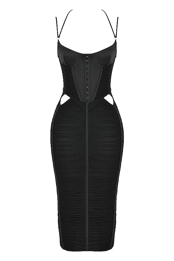 black ruched midi dress