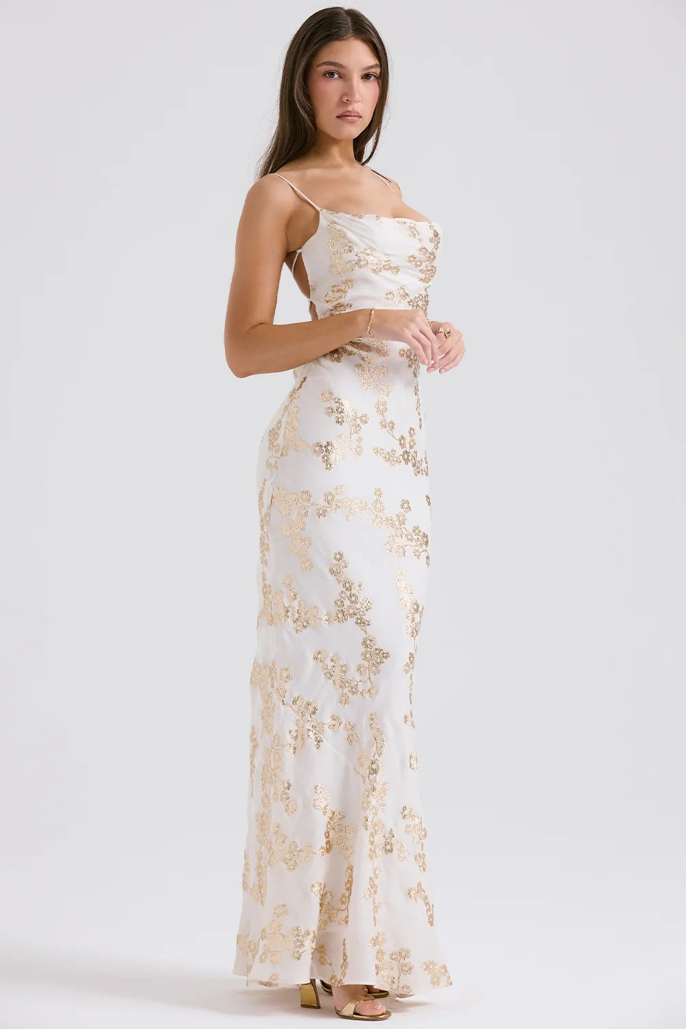white & gold jacquard satin gown