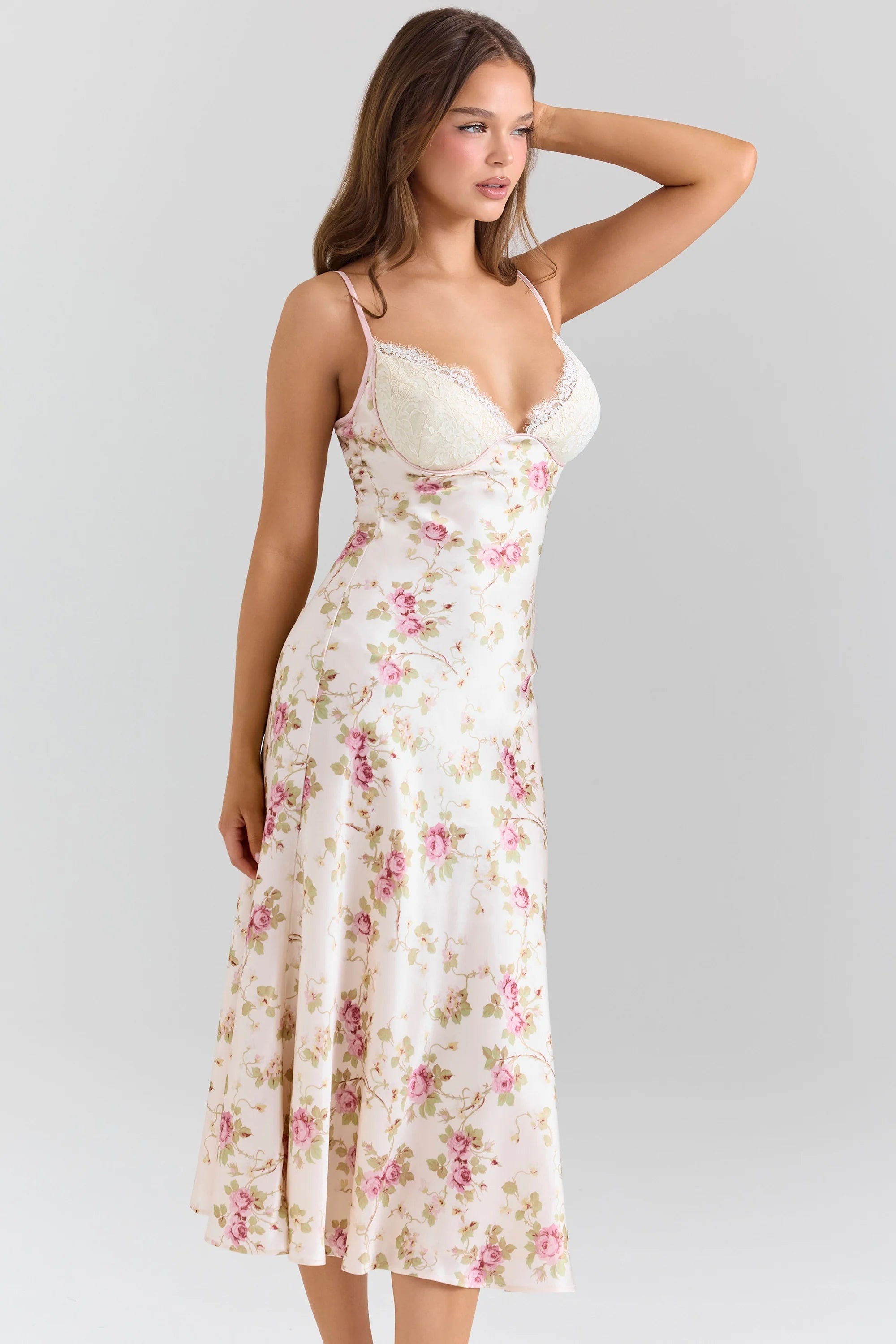 ivory floral print satin bias cut midi dress