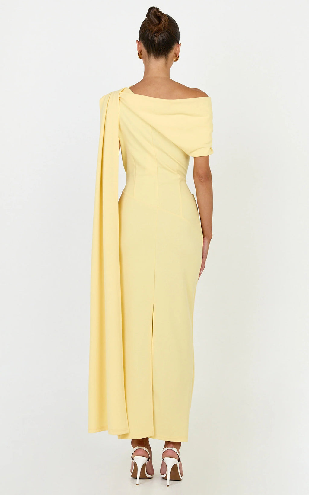 Visenta Midi Dress - Asymmetrical Sleeve Dress in Yellow
