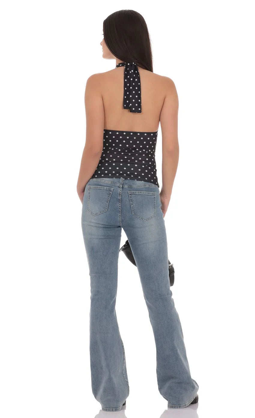 Polka Dot Cross Neck Halter Top in Black