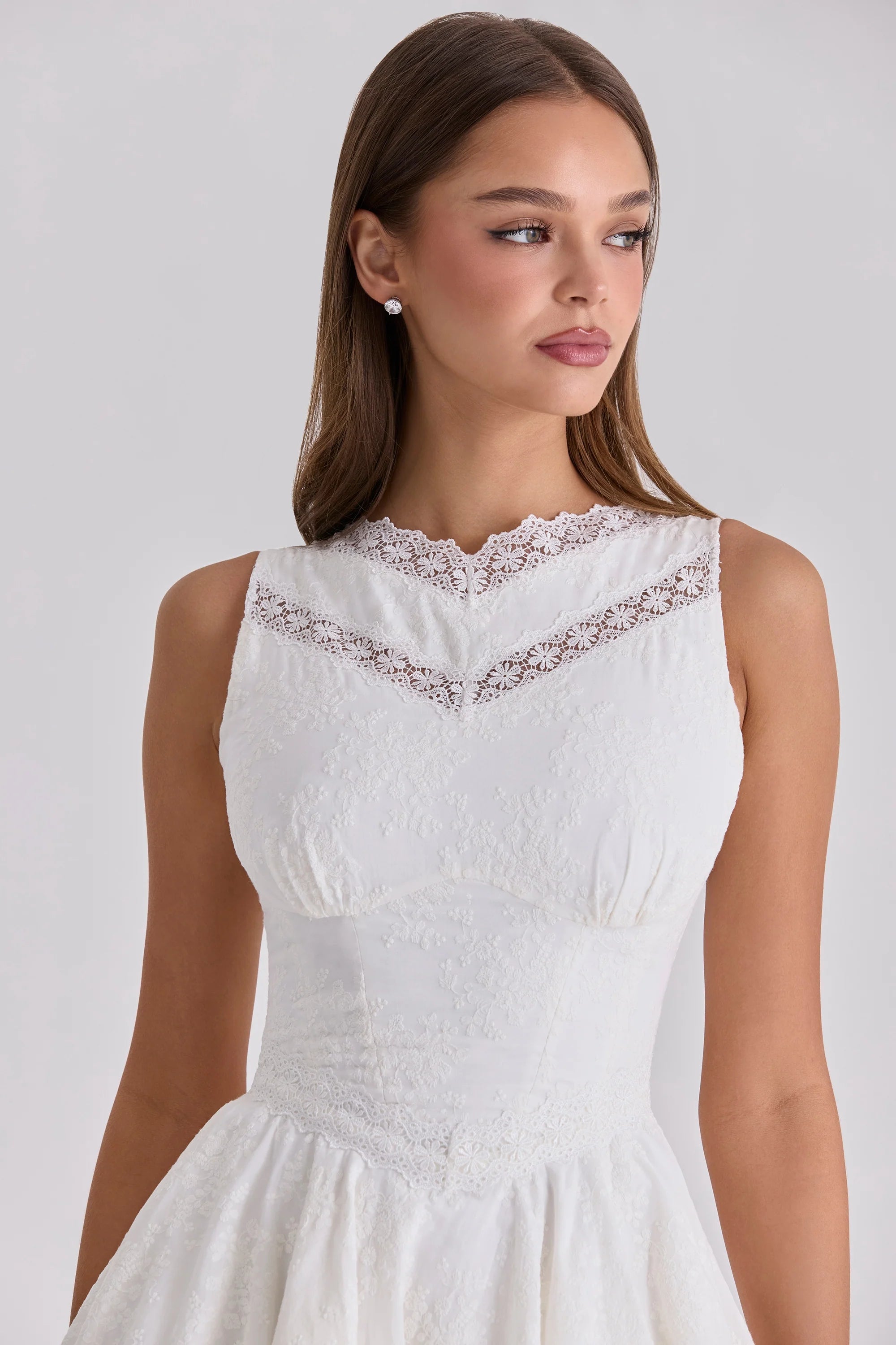 white embroidered cotton lace trim mini dress