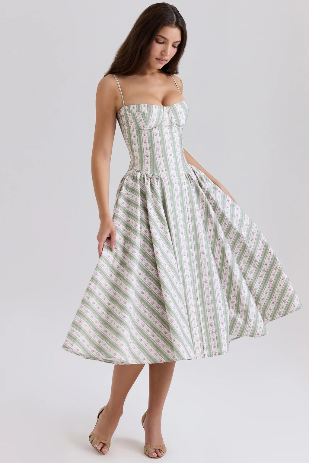 sage striped floral print cotton midi dress