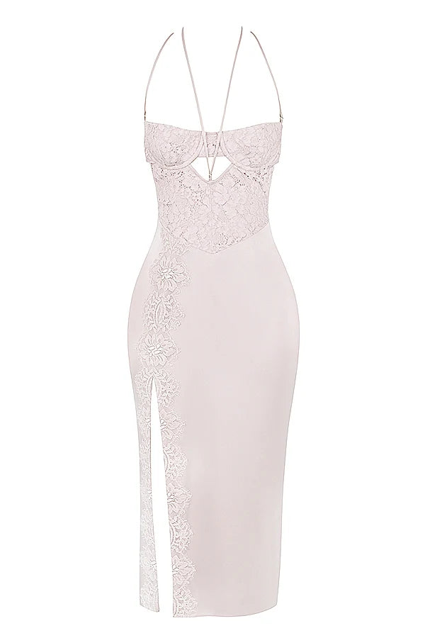 crystal satin and lace midi dress