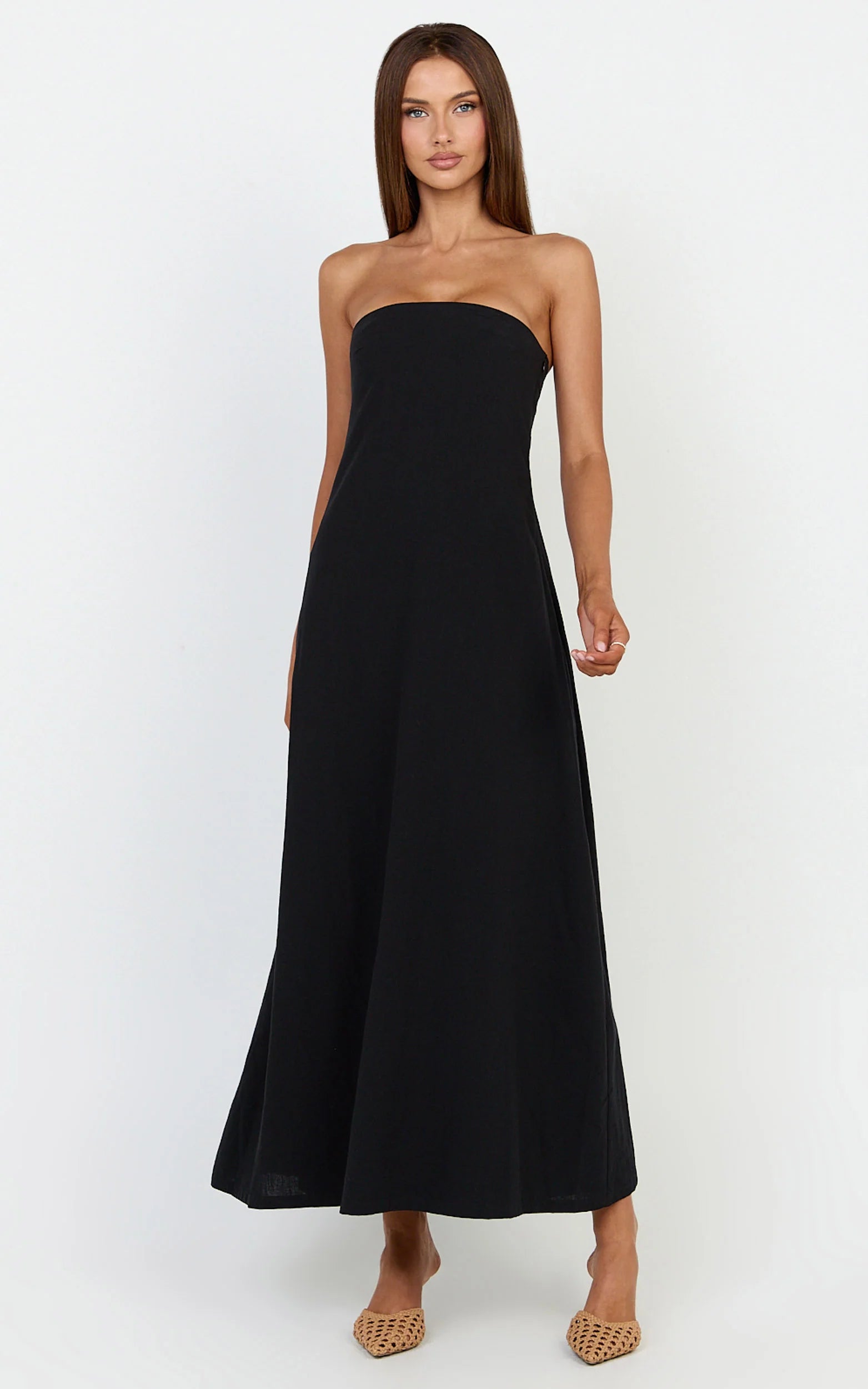 Emmie Midi Dress - Strapless Trapeze Dress in Black