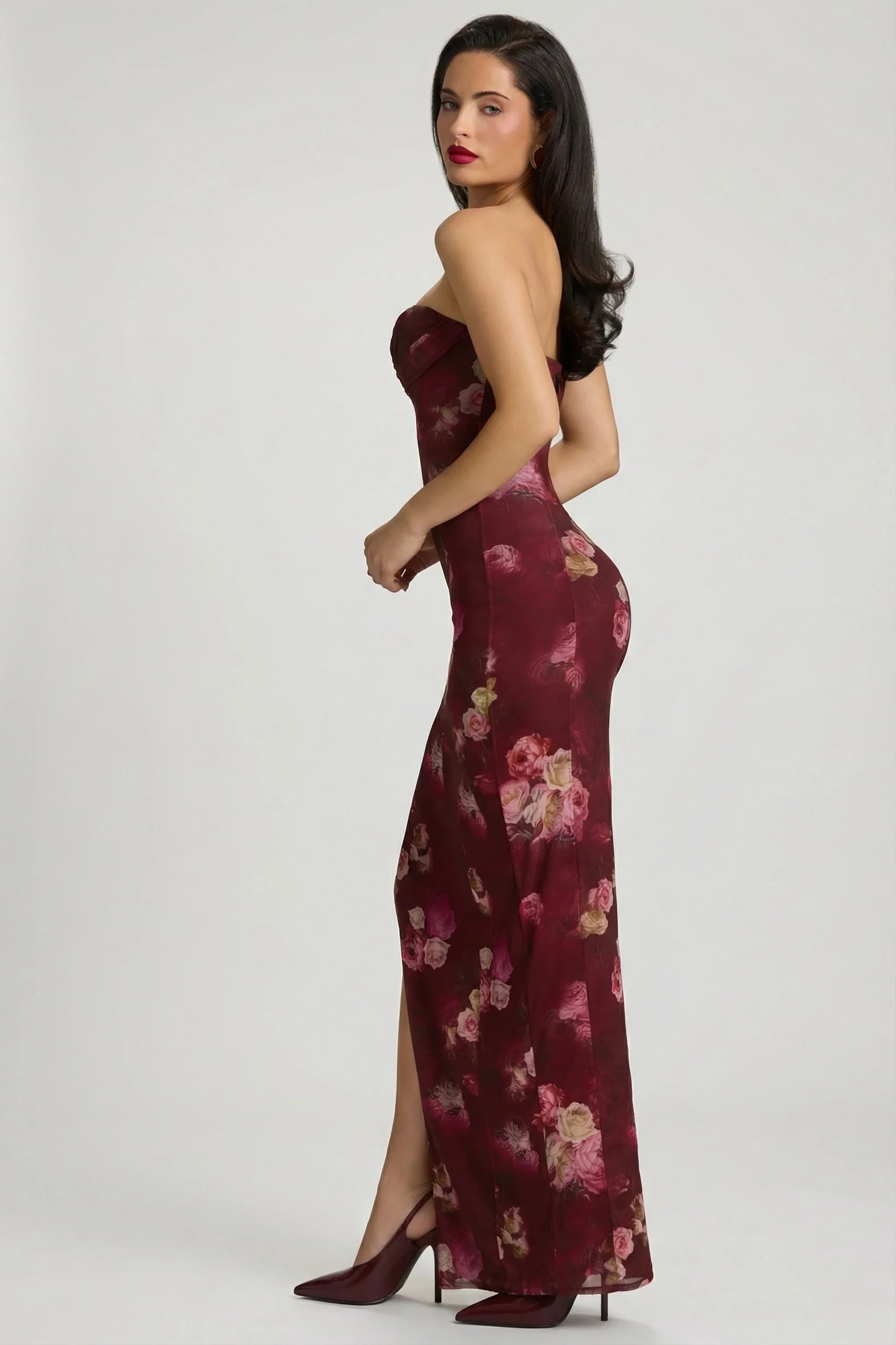 Bandeau Cowl-Neck Maxi Dress in Maroon Floral Print
