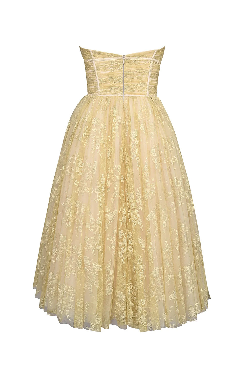 gold metallic lace tulle midi gown