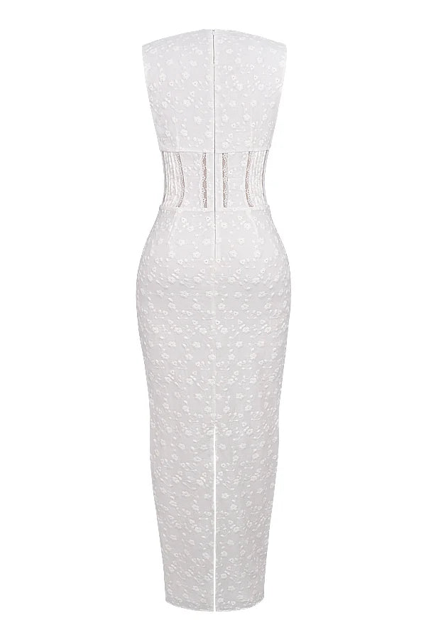 white cotton broderie anglais plunge maxi dress