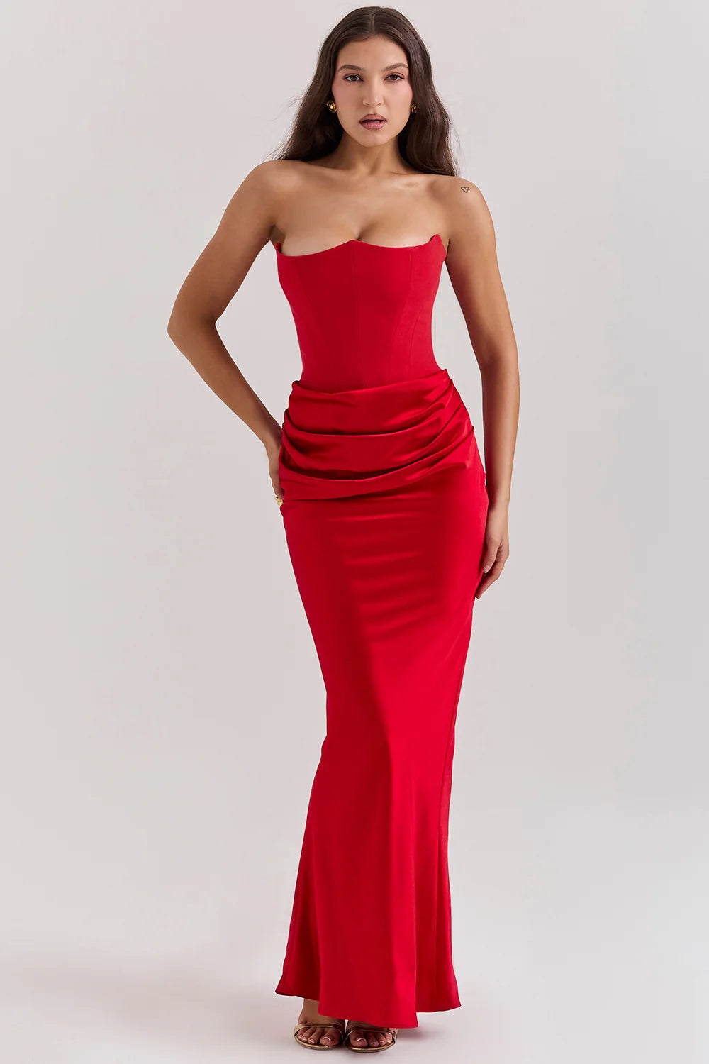 scarlet strapless corset maxi dress