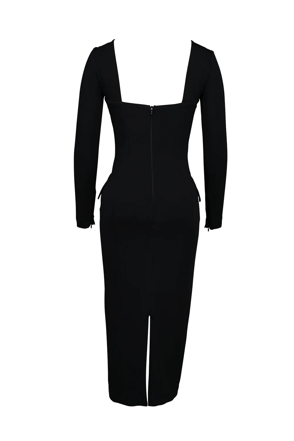 black stretch crepe long sleeve midi dress