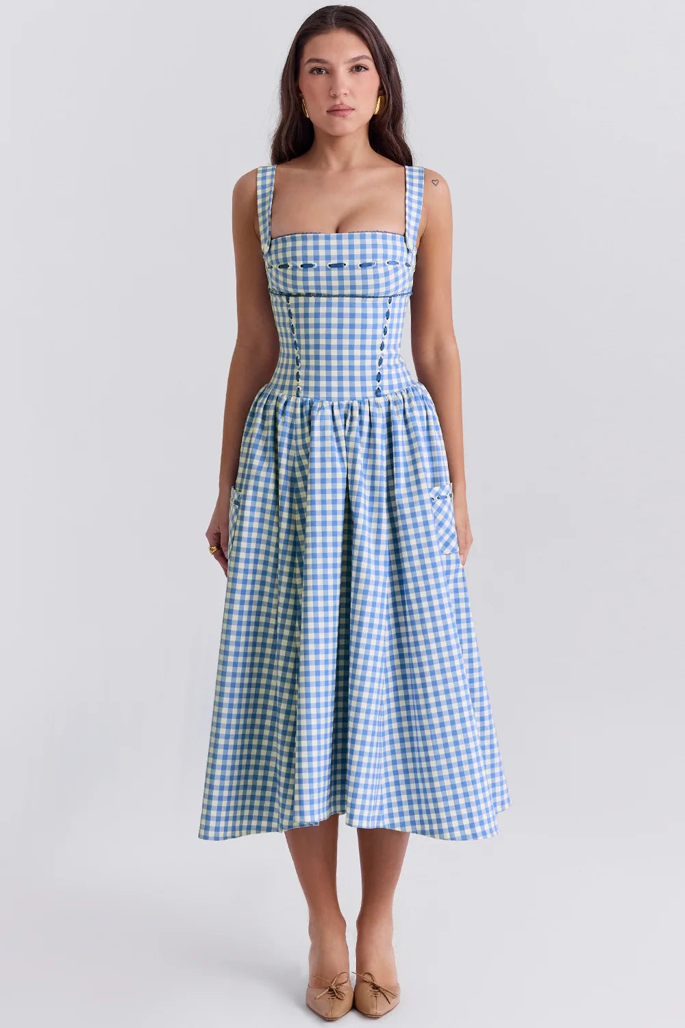 regatta blue gingham midi sundress