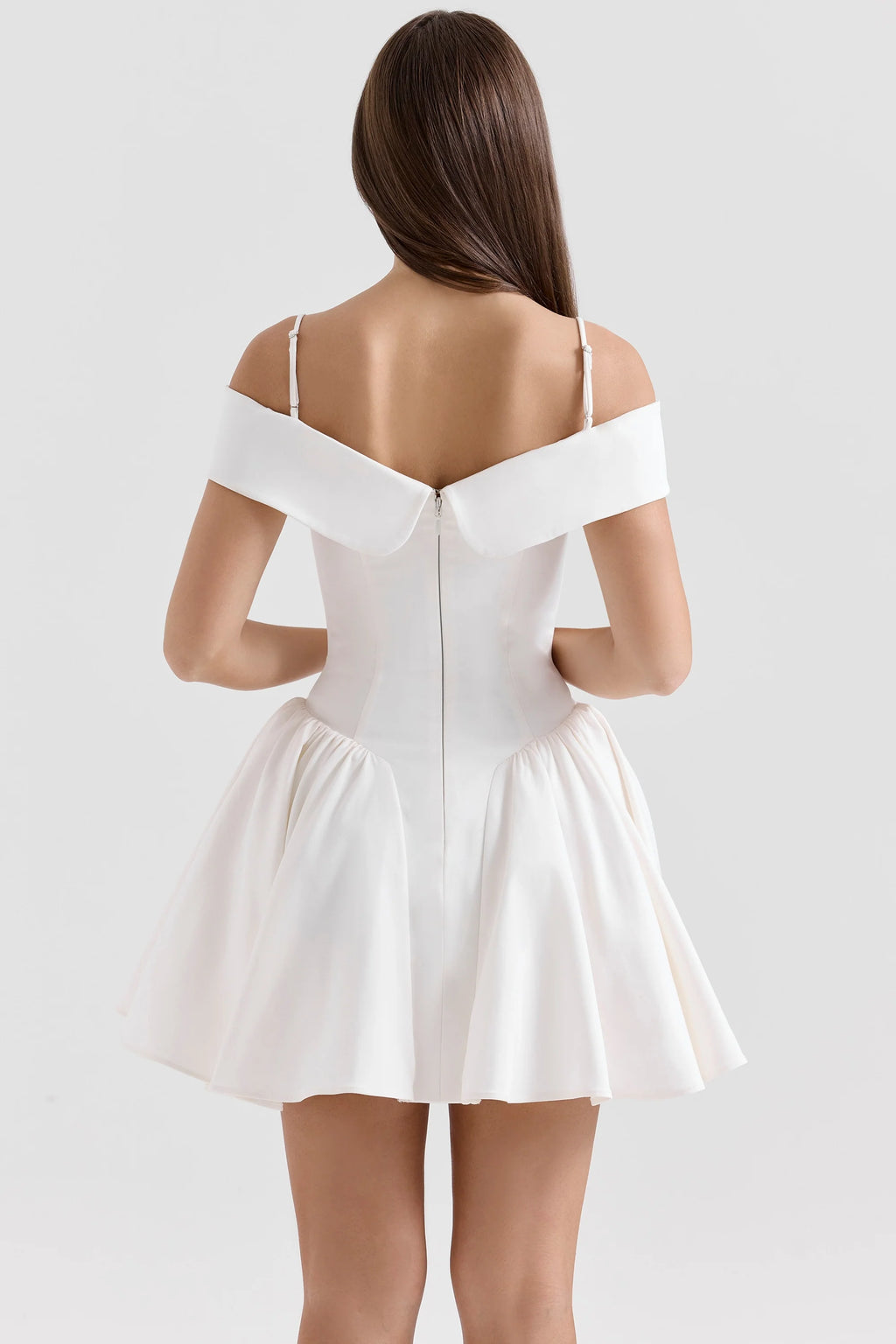 white twill off shoulder mini dress