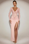 Lace Scalloped Plunge-Neck Maxi Dress in Pink