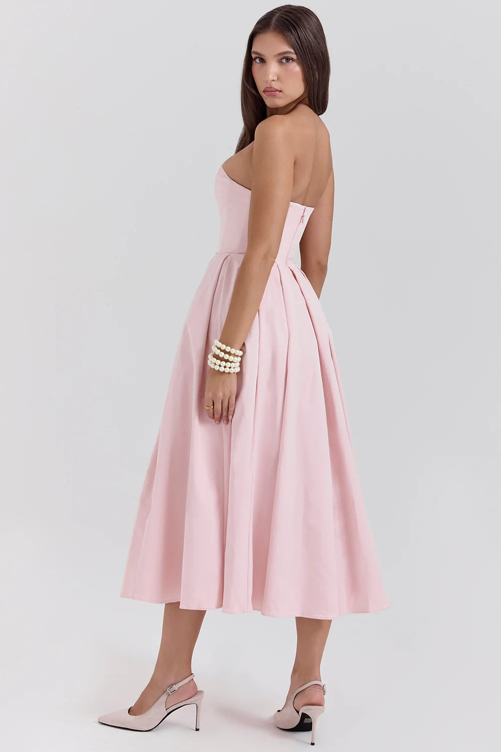 parisian pink strapless corset midi dress