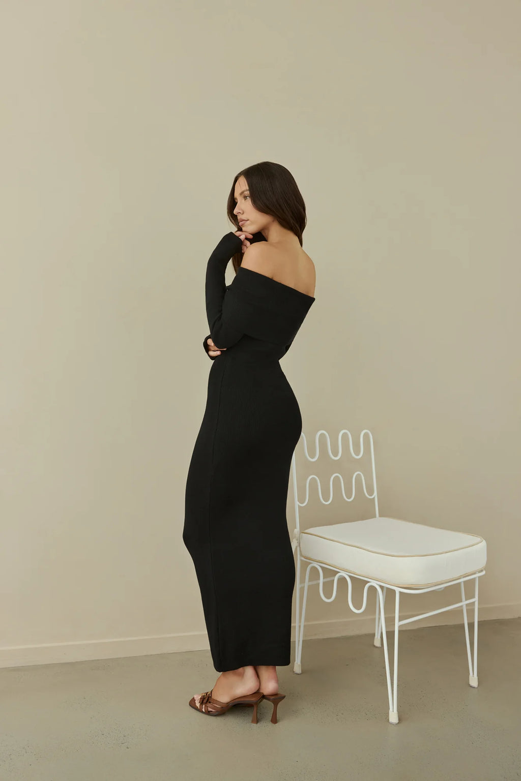 Angels Sing Off Shoulder Knit Maxi Dress Black