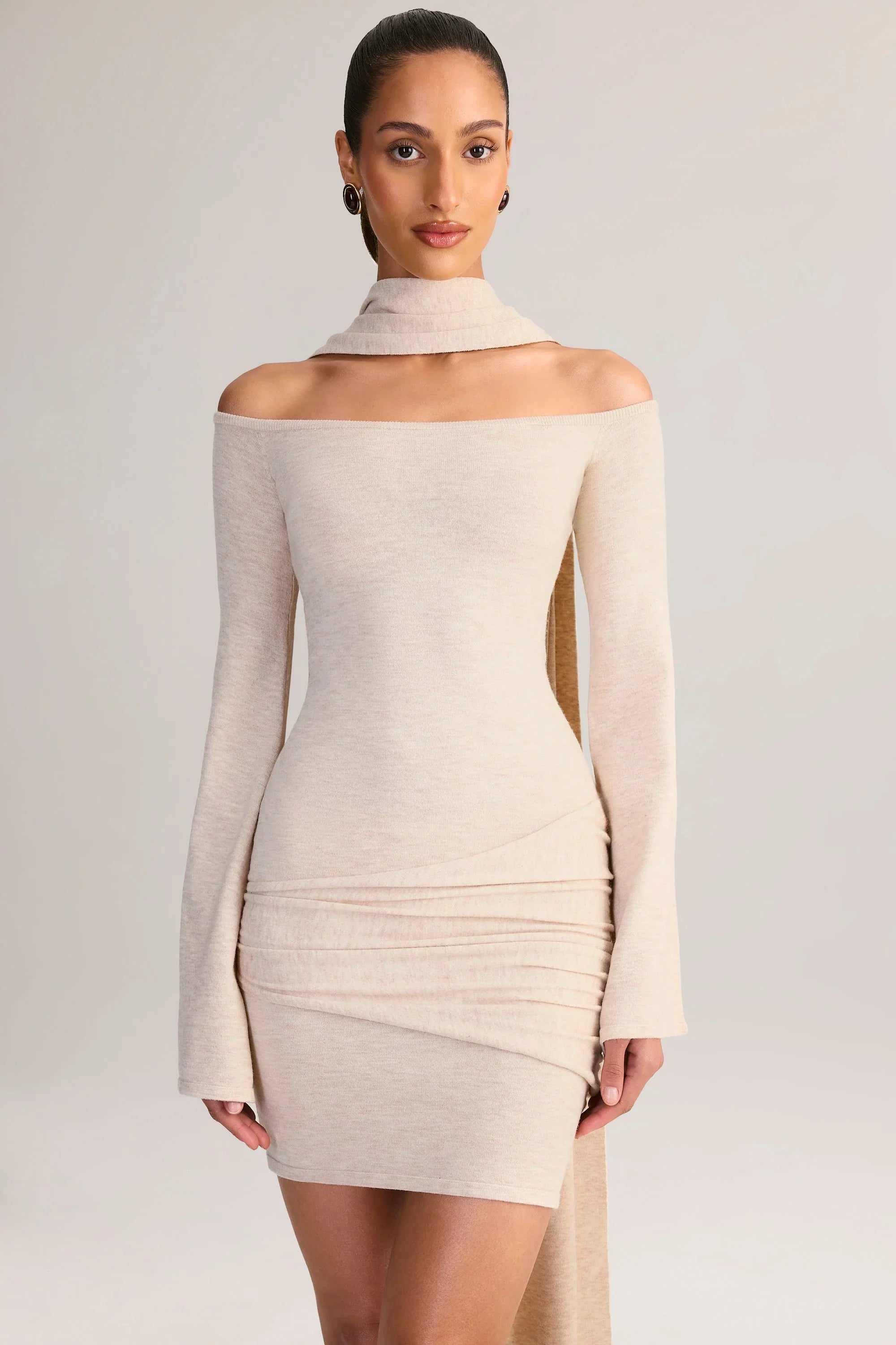 Knit Scarf-Detail Off-Shoulder Mini Dress in Cream