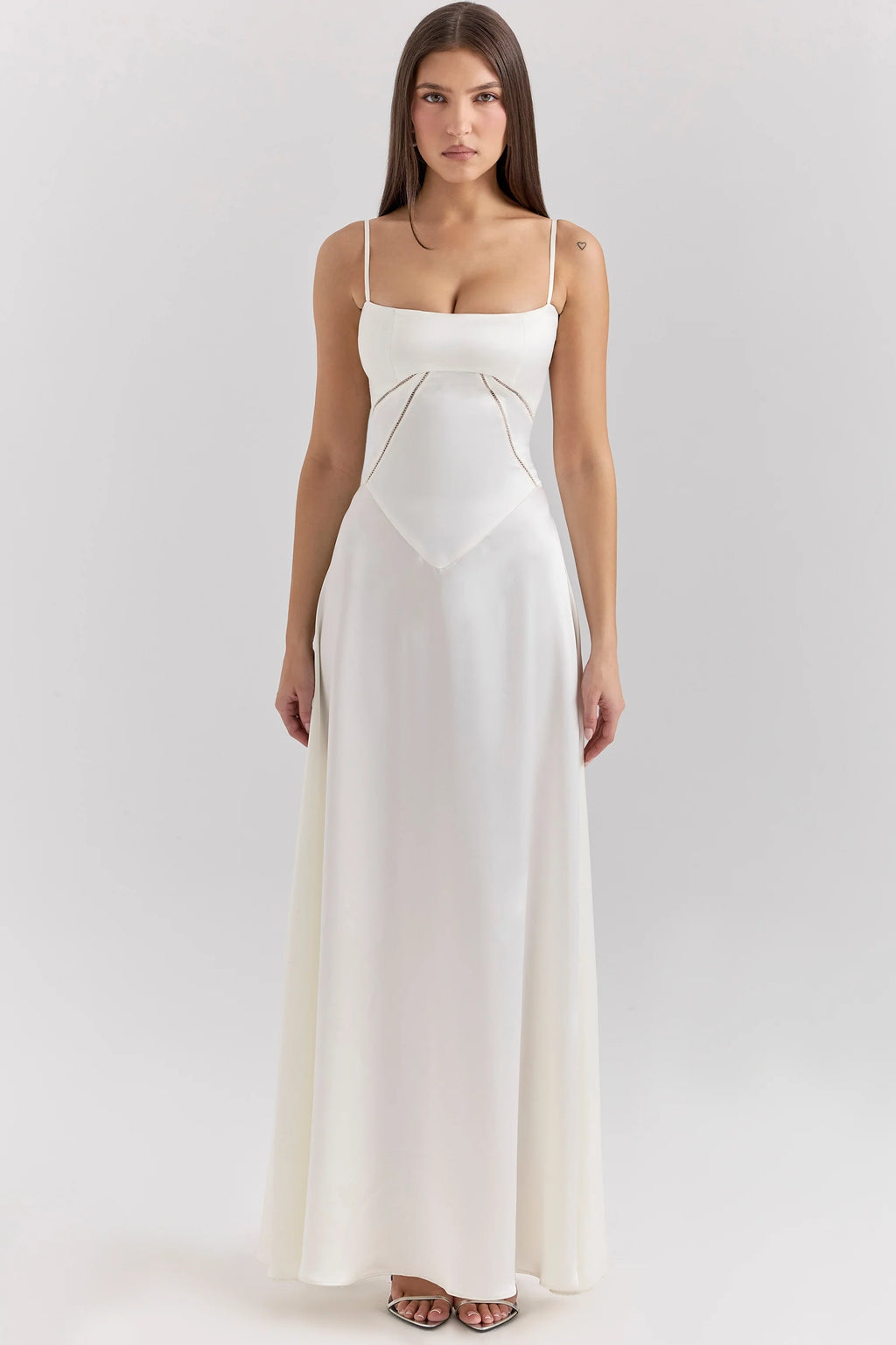 ivory satin lace up maxi dress