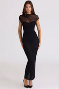 black draped mesh maxi dress