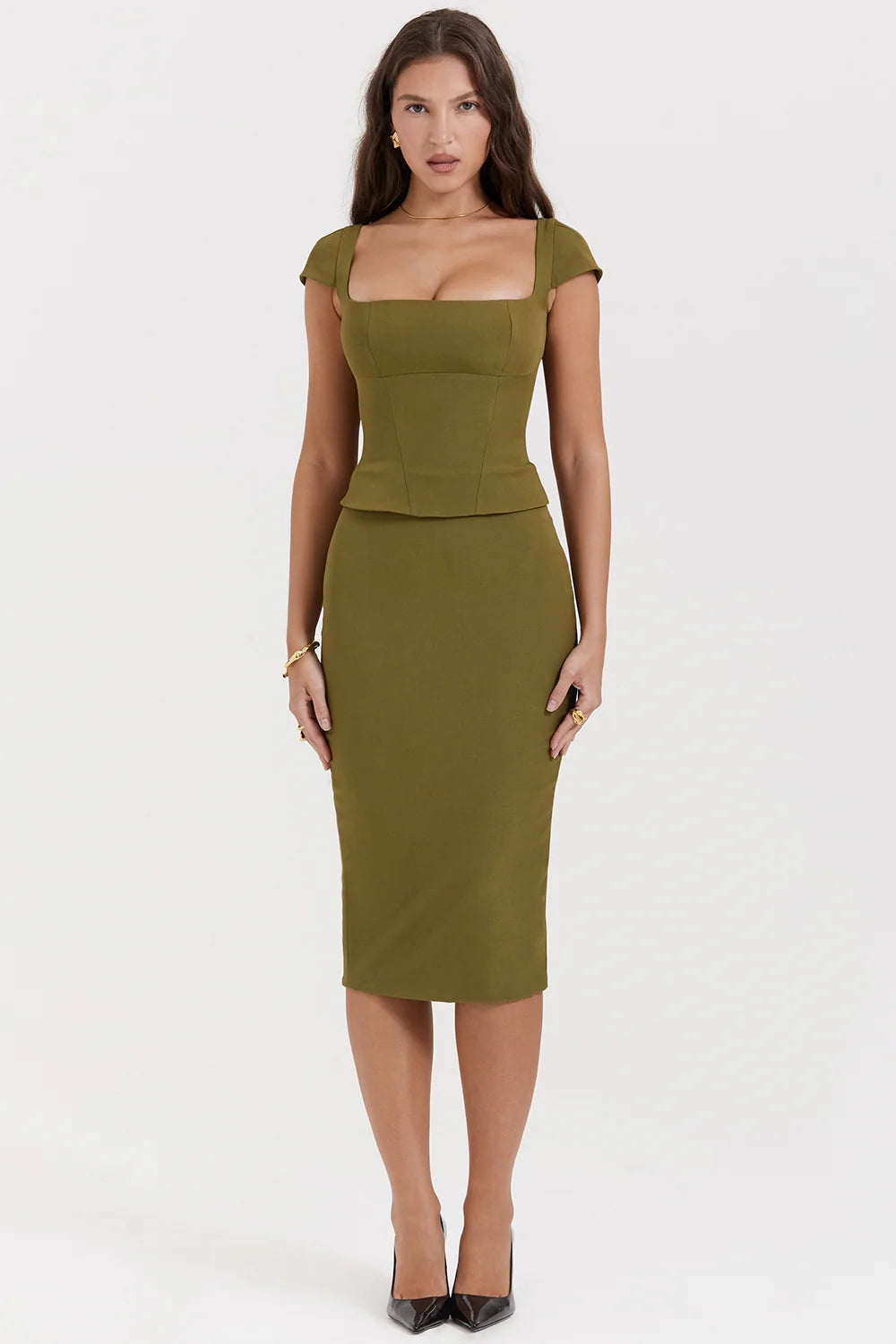 olive corset midi dress