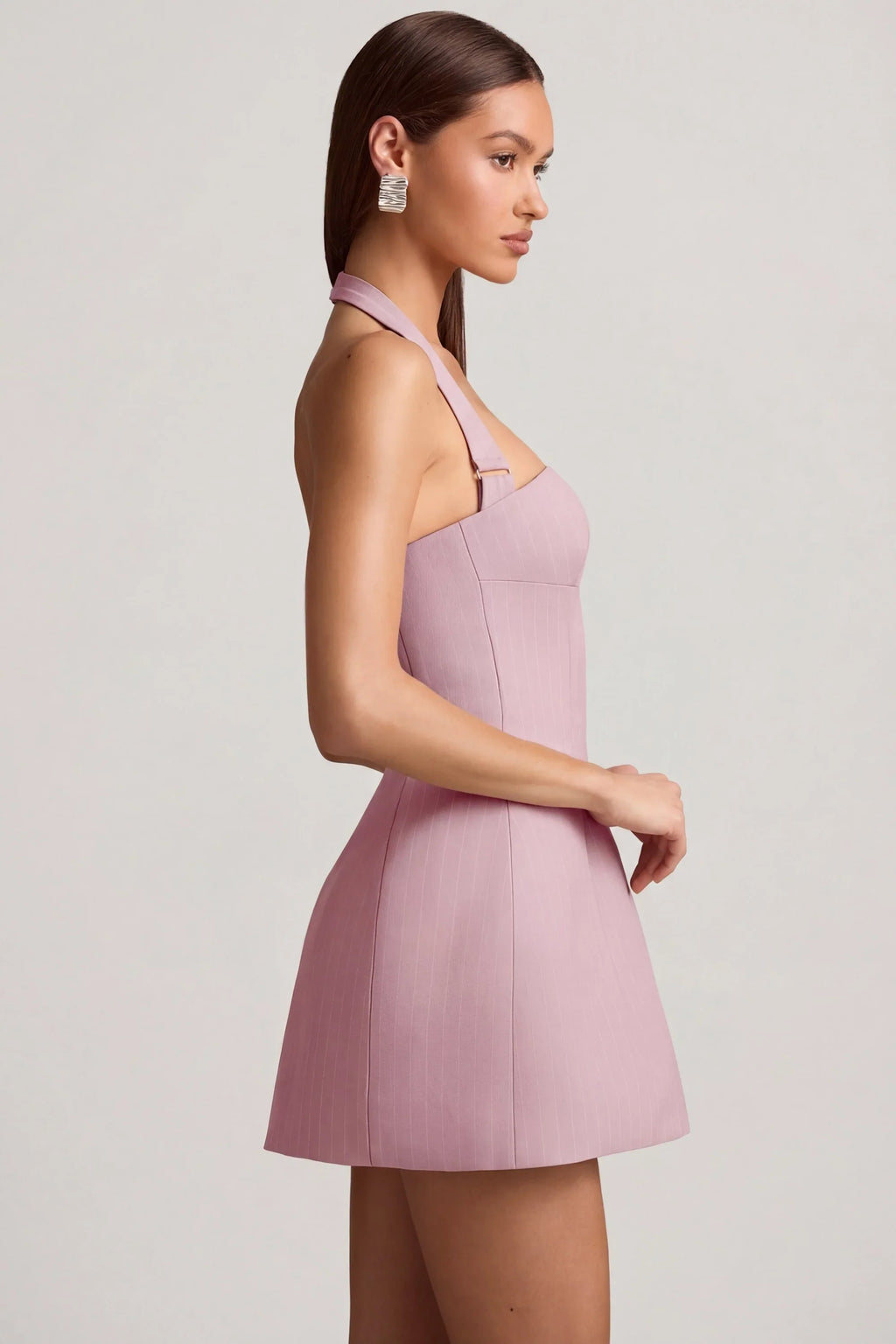 Pinstripe Halterneck Structured A-Line Mini Dress in Mauve
