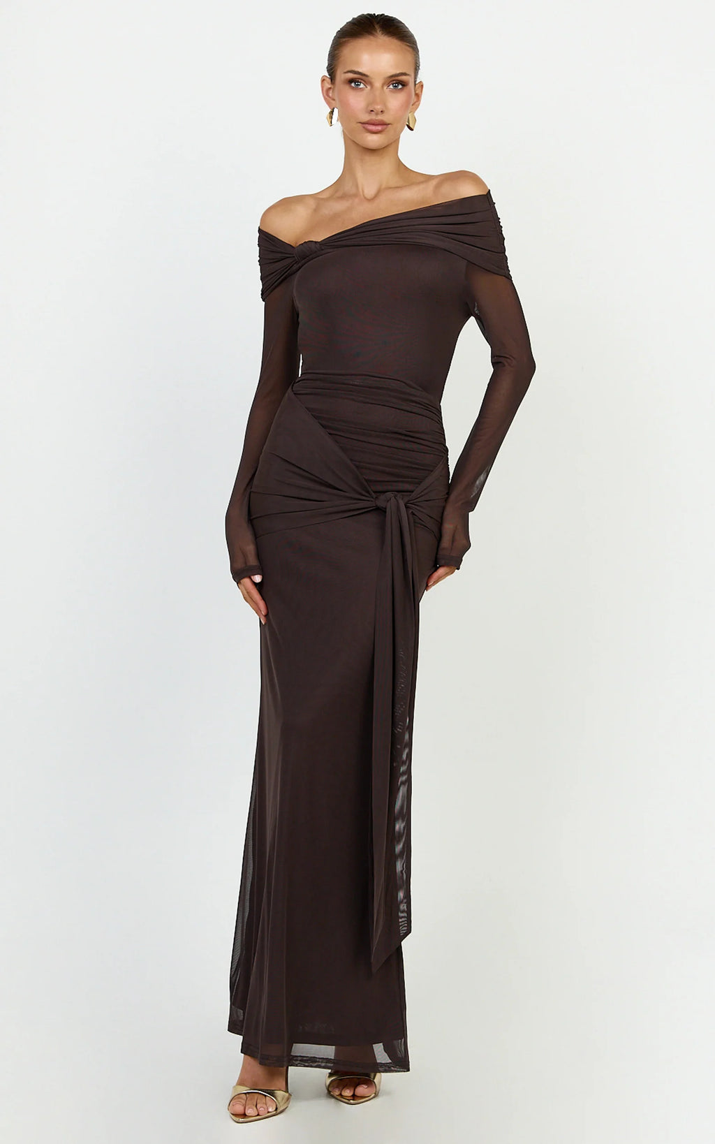 Waverly Maxi Dress - Long Sleeve Off Shoulder Dress in Chocolate