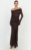 Waverly Maxi Dress - Long Sleeve Off Shoulder Dress in Chocolate