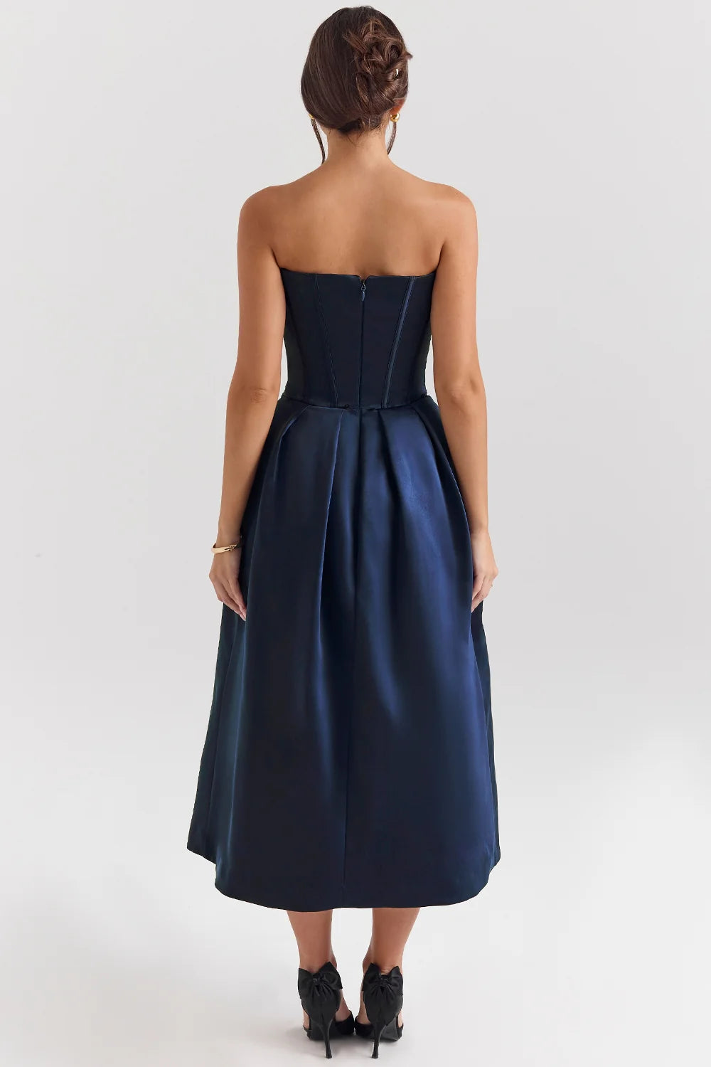 midnight blue strapless detachable bow midi dress