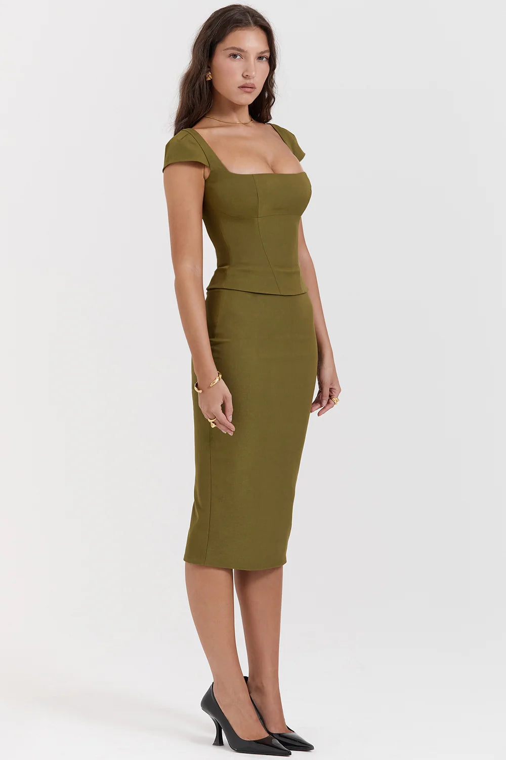 olive corset midi dress