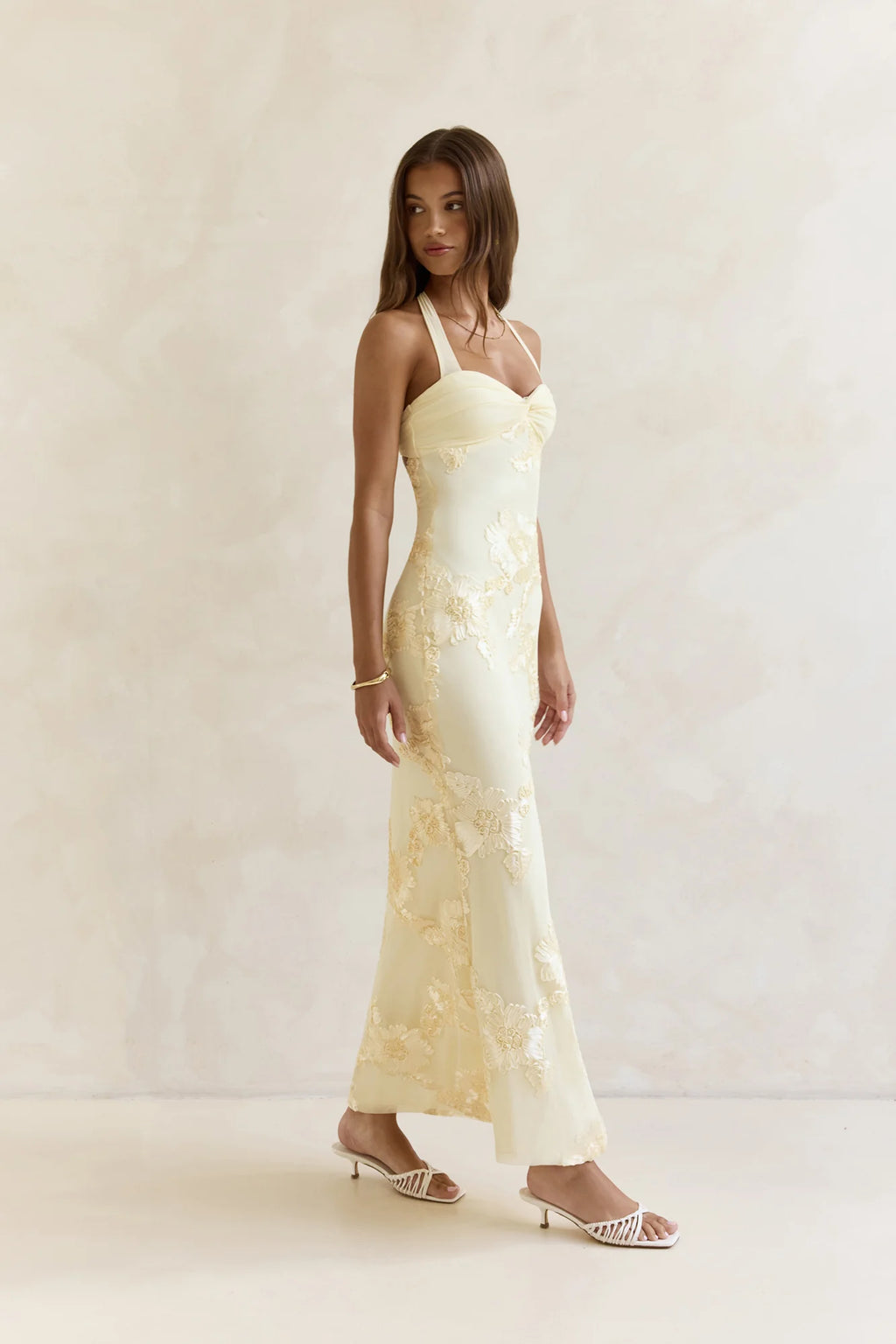 Skybloom Mesh Halter Maxi Dress Yellow