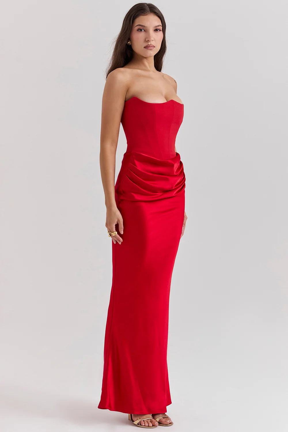scarlet strapless corset maxi dress
