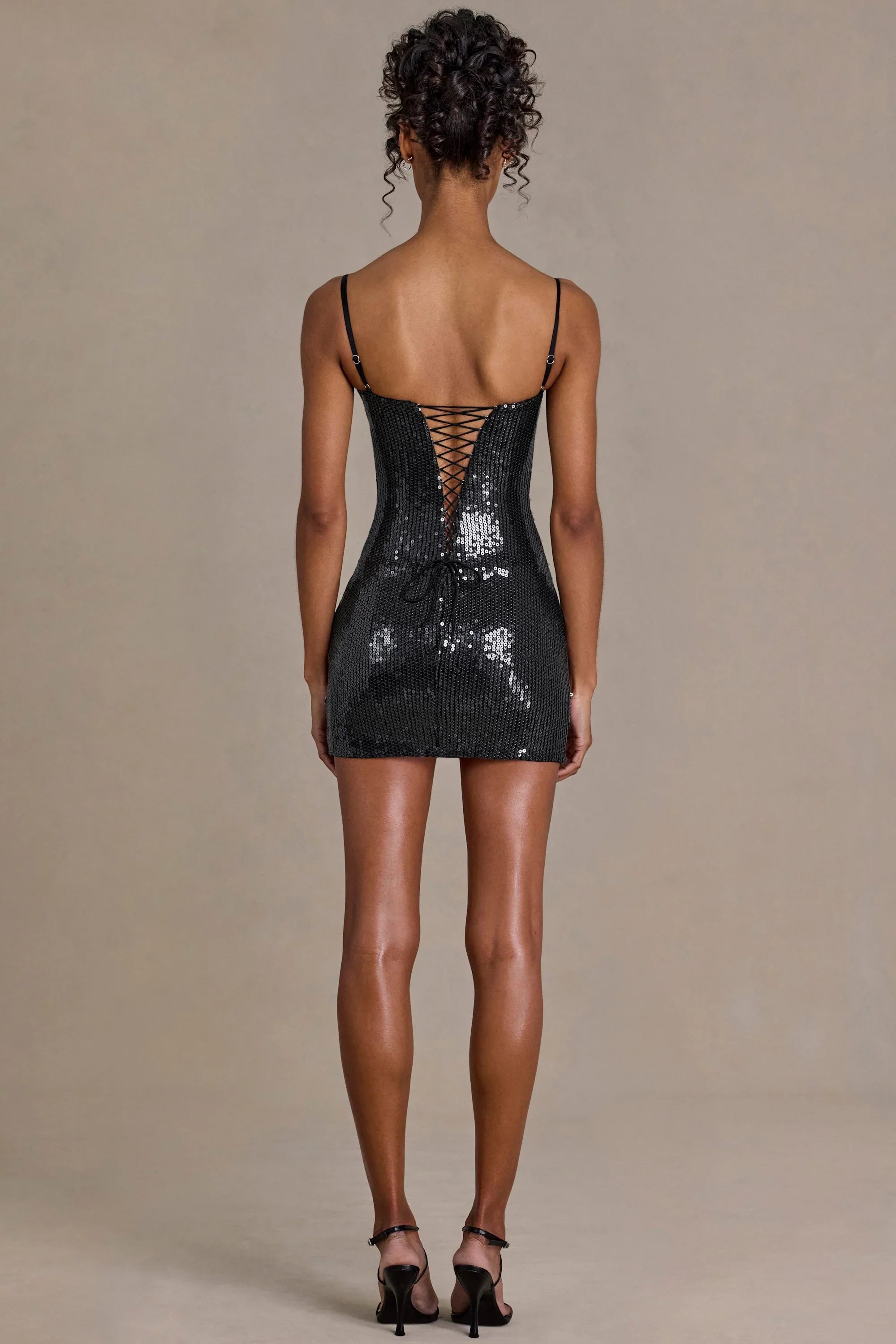 Premium Sequin Lace Corset Mini Dress in Black