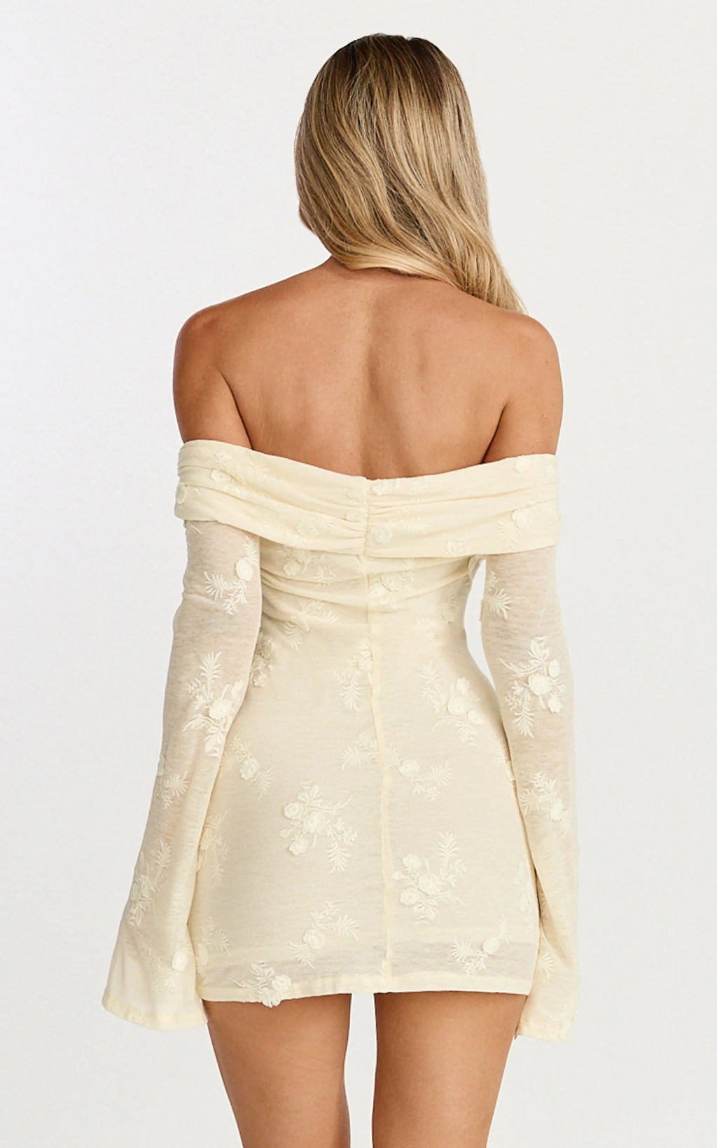 Raymond Mini Dress - Off Shoulder Long Sleeve Fitted Dress in Lemon