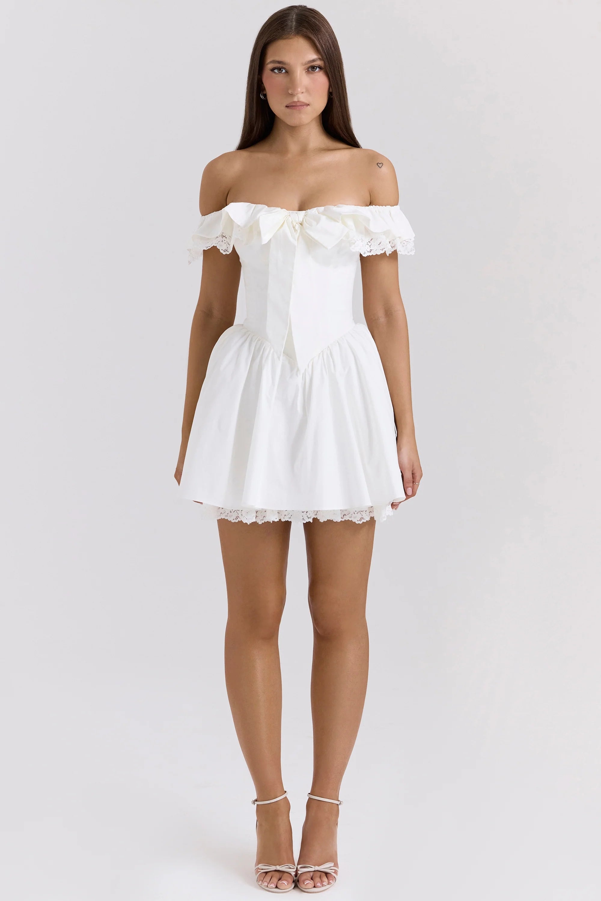 white cotton off shoulder corset mini dress
