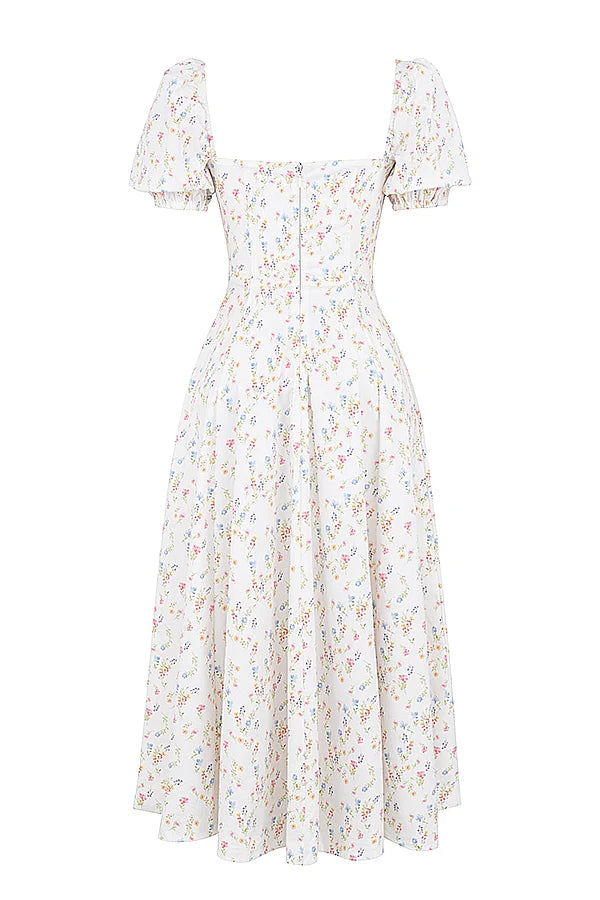 white posy print cotton puff sleeve midi sundress