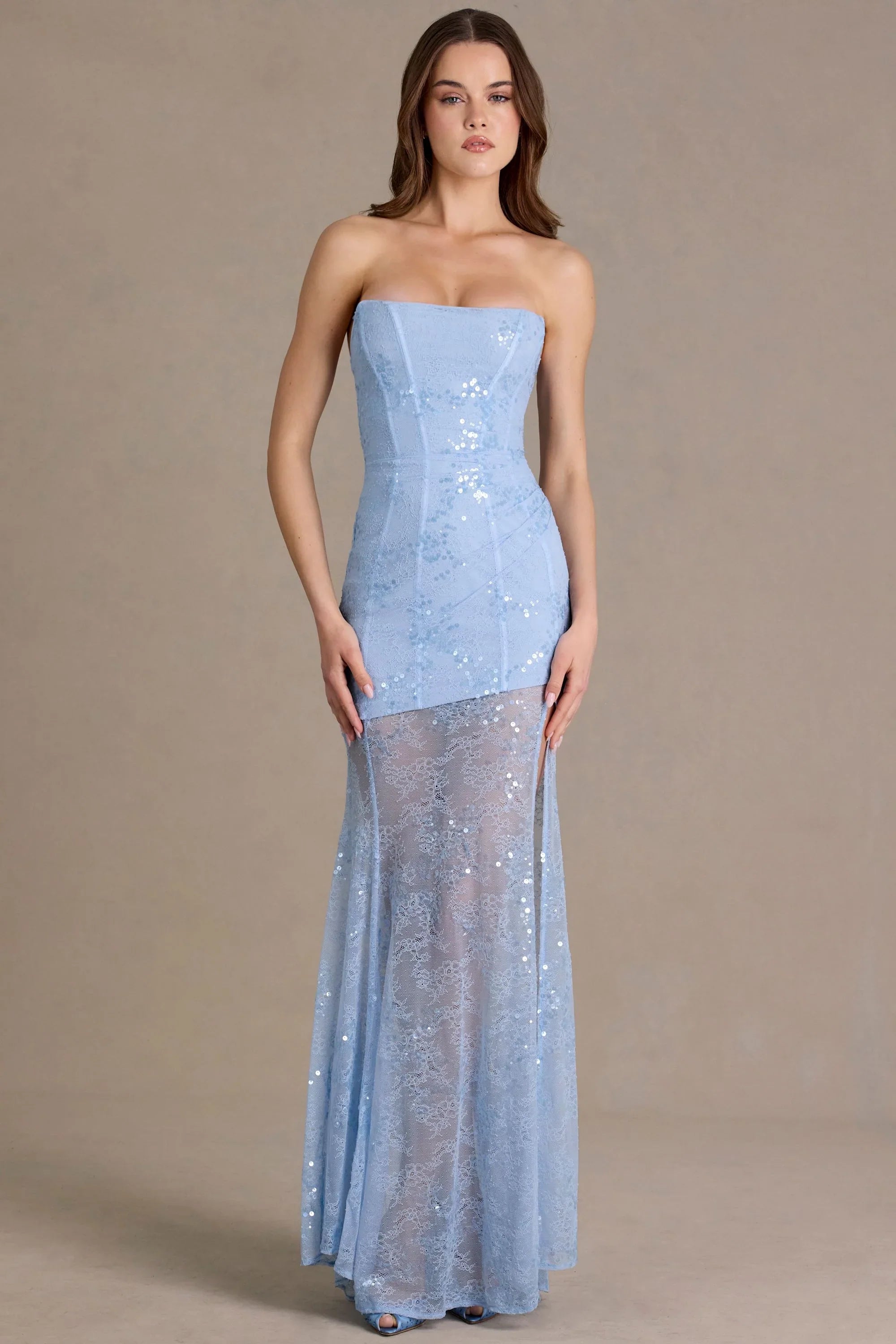 Premium Embellished Lace Corset Gown in Sky Blue