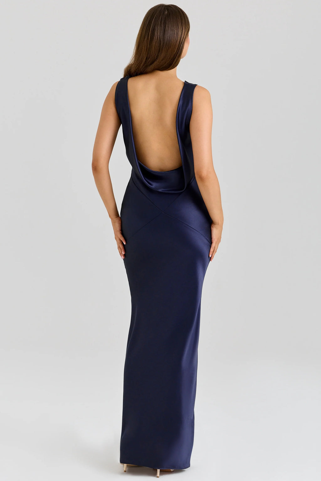 navy satin draped cowl neck maxi dress