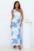 Blueberry Breeze One Shoulder Mesh Maxi Dress Blue