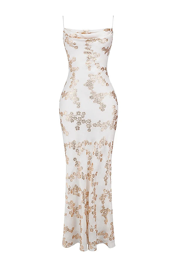 white & gold jacquard satin gown