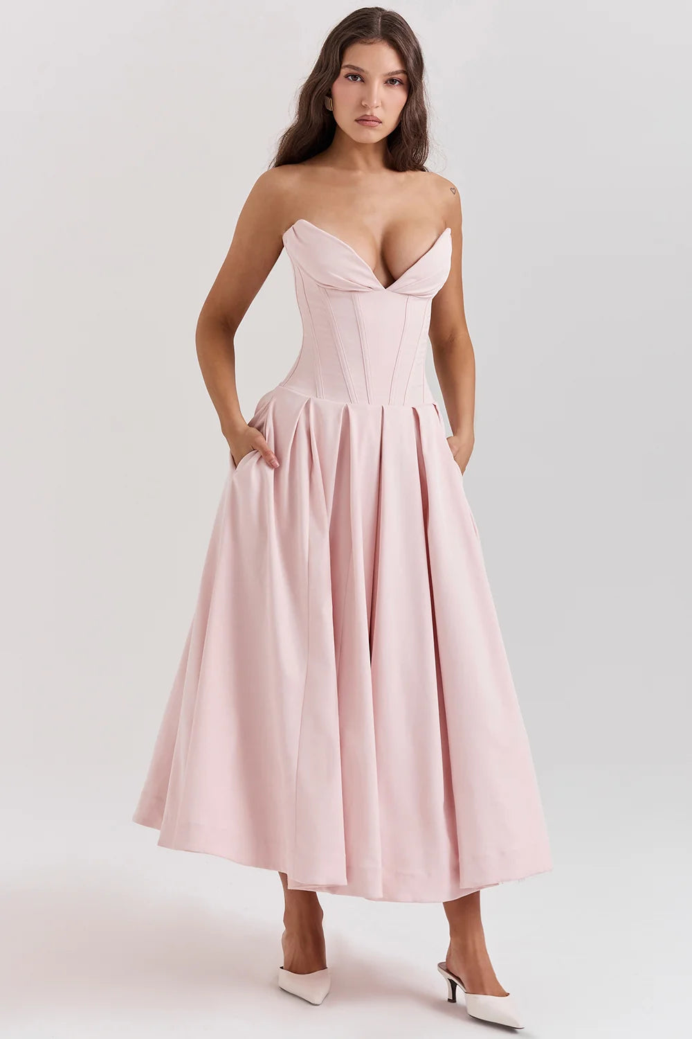 ballerina pink strapless midi dress