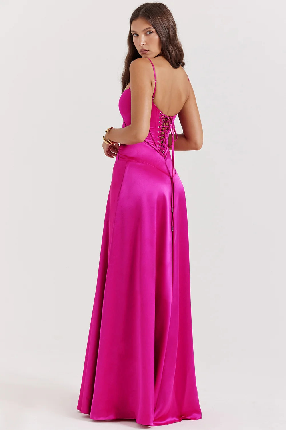 fuchsia lace up maxi dress