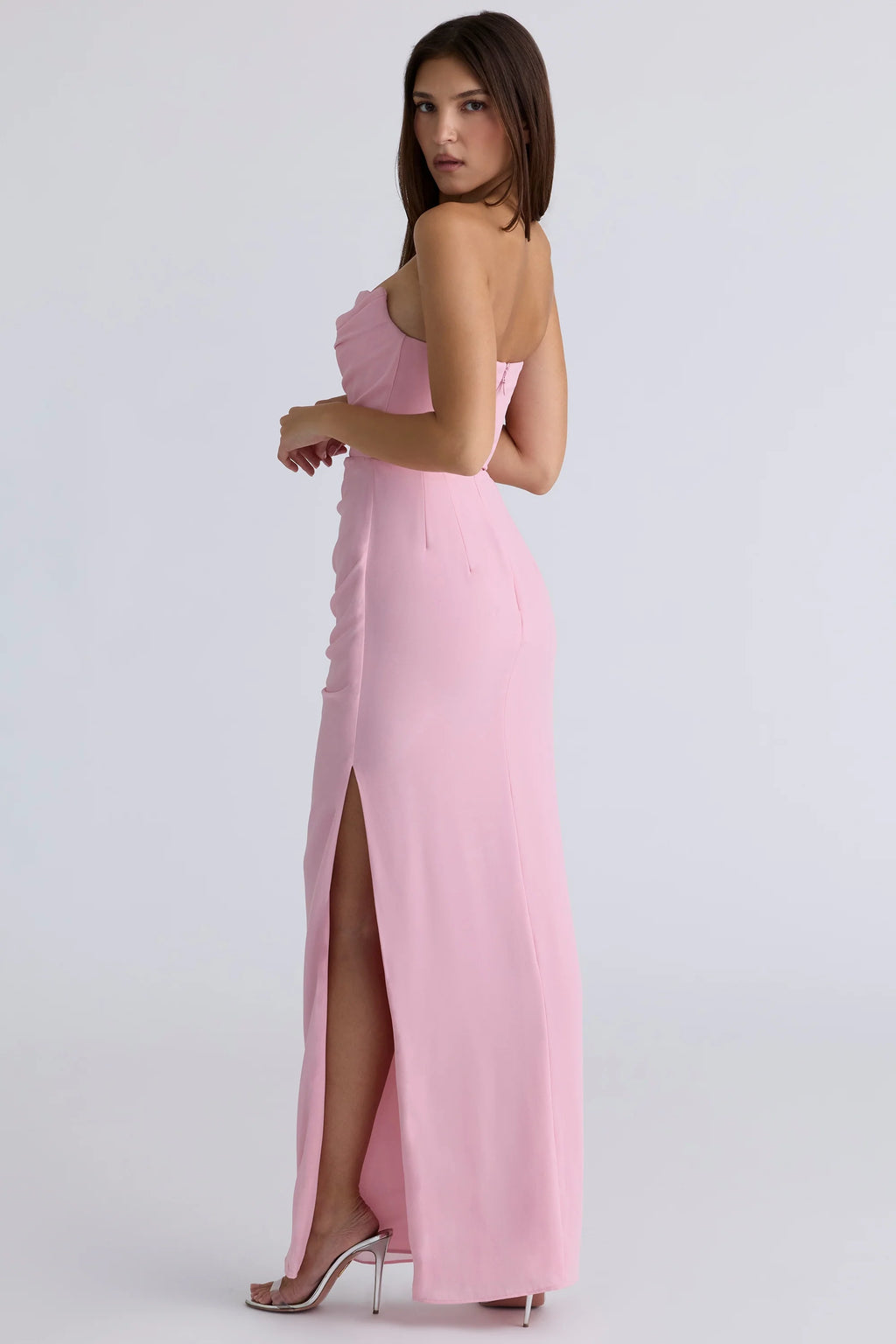 pink quartz georgette strapless gown