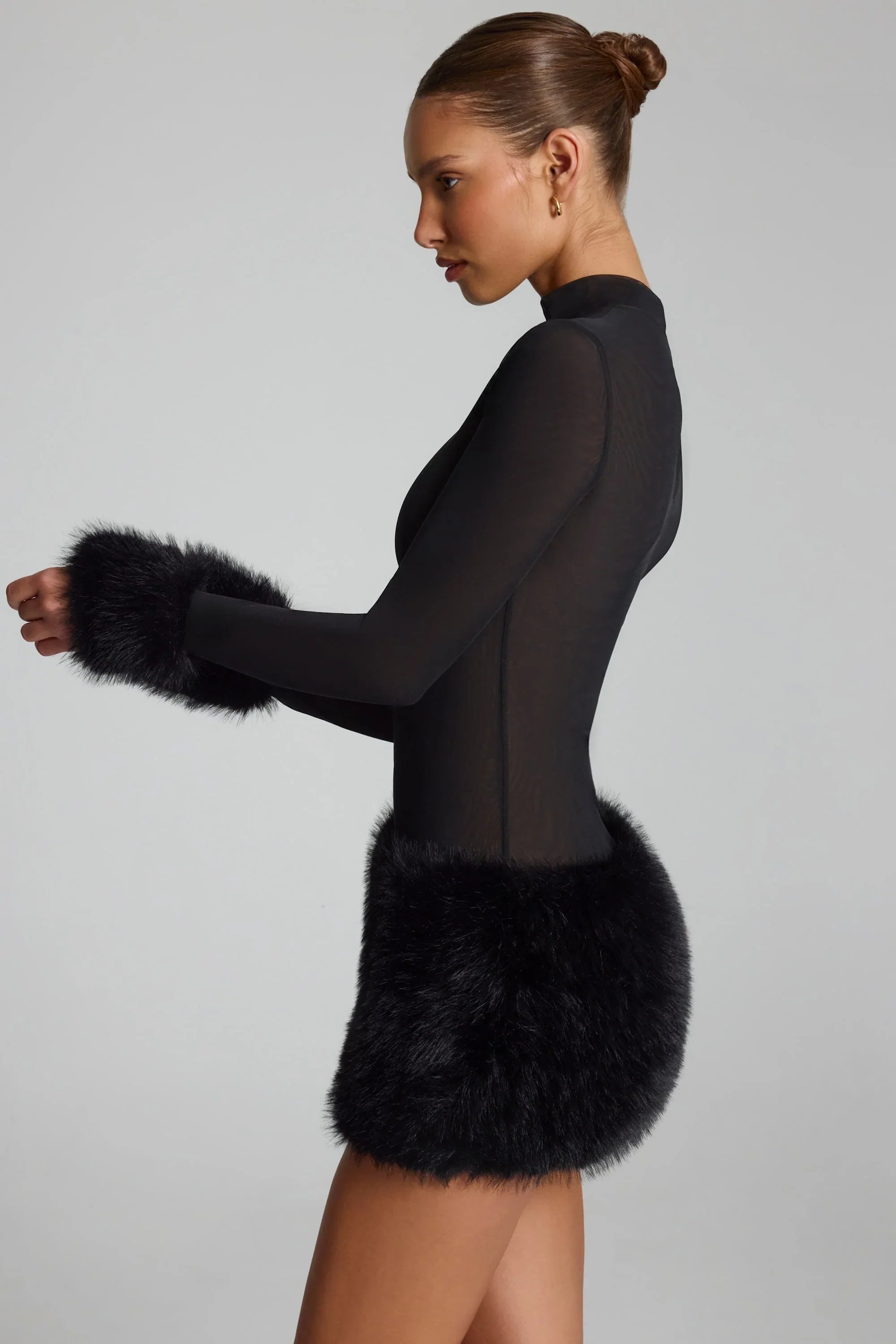 Faux Fur-Trim Turtleneck Mini Dress in Black