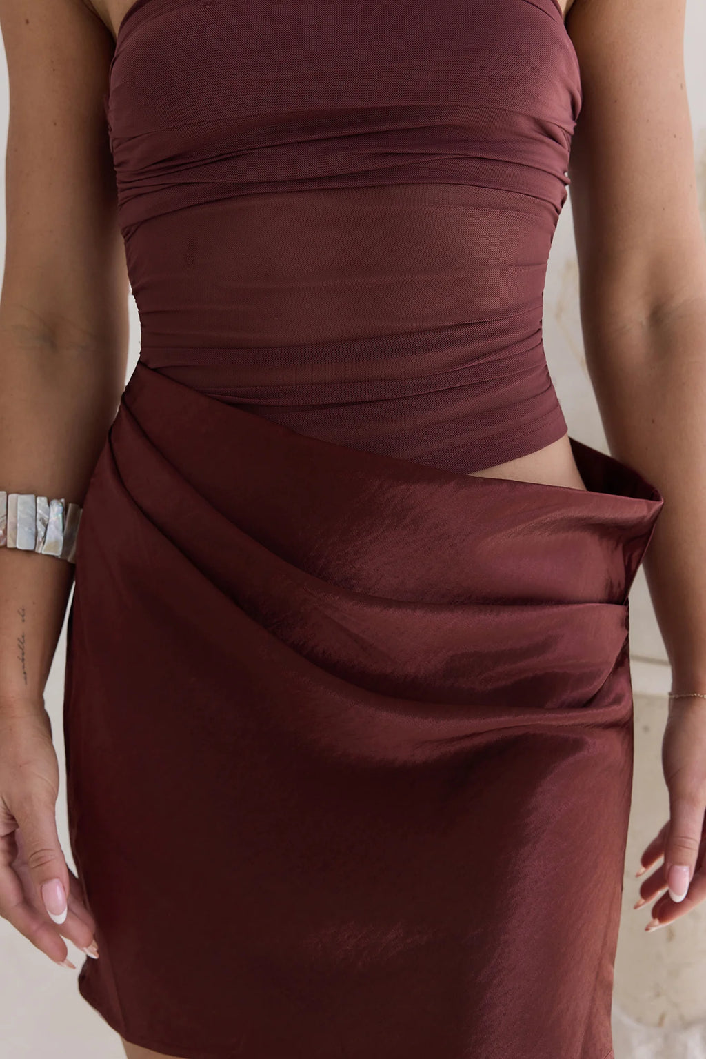 Call Me Darling Strapless Mesh Mini Dress Brown