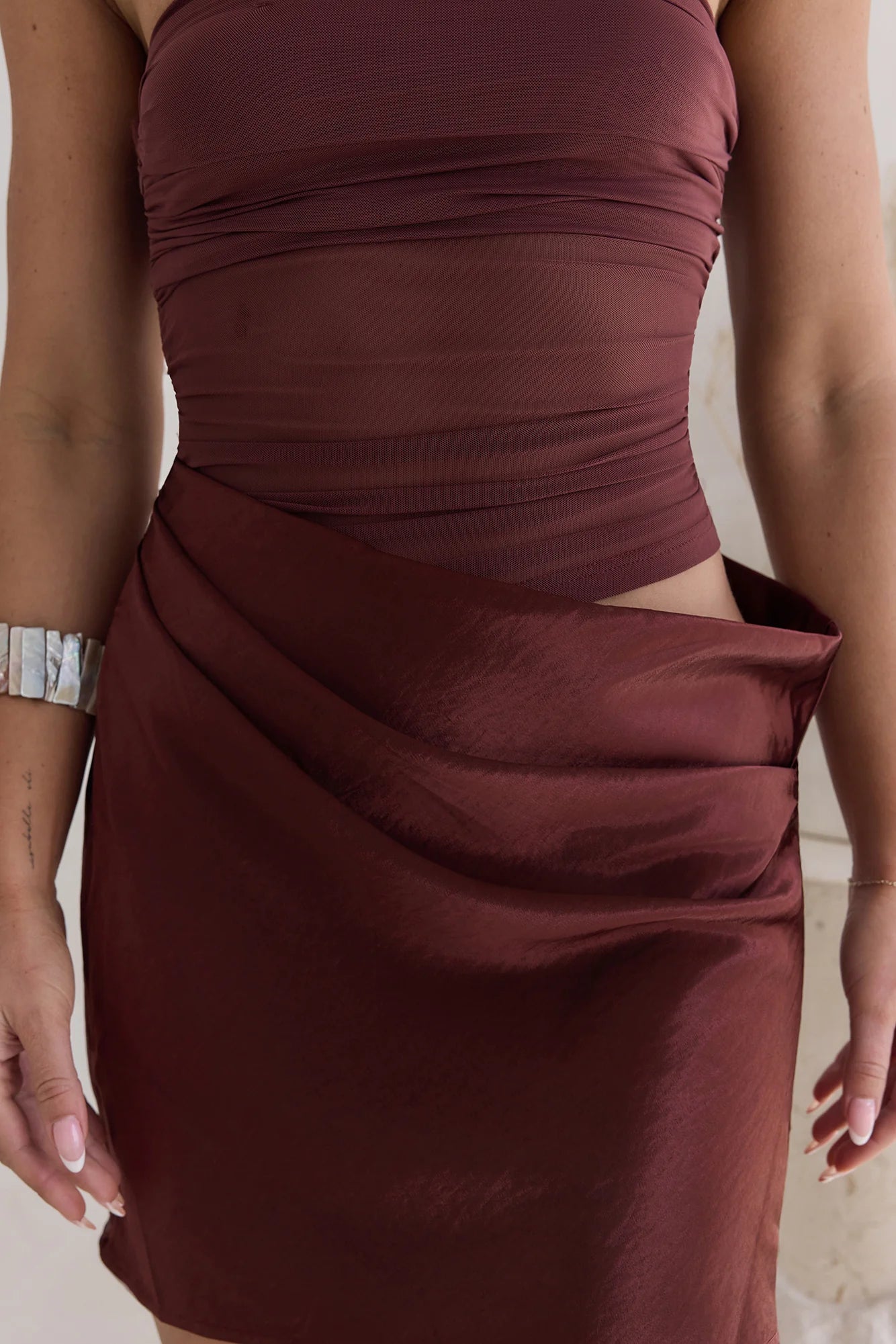 Call Me Darling Strapless Mesh Mini Dress Brown