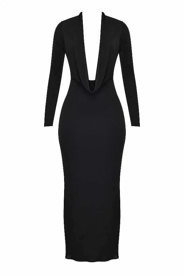 black draped maxi dress