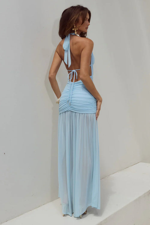 ADRIANNA PLUNGE RUCHED MAXI DRESS - AQUA