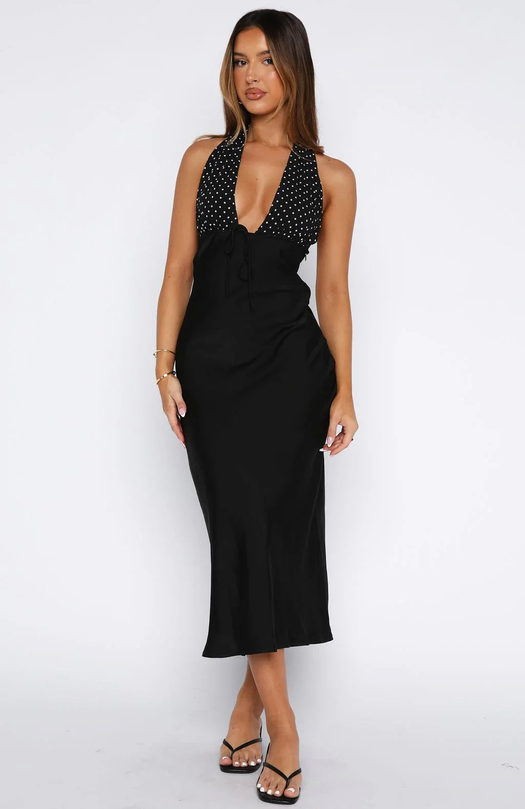 Guess You Miss Me Halter Midi Dress Black/Ivory Dot